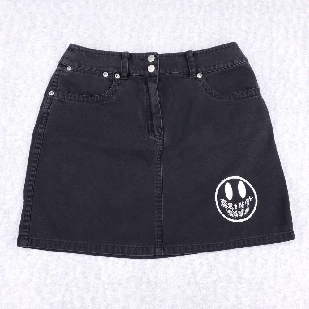 VTG 80s Lizwear Petite Denim Mini Skirt 8P Black Embroidered Daggers Punk Skater